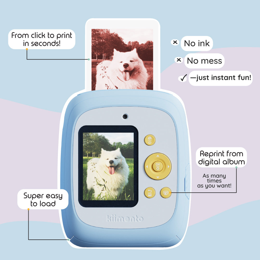 Sky Blue Print Pro Camera with a white dog photo printing.
