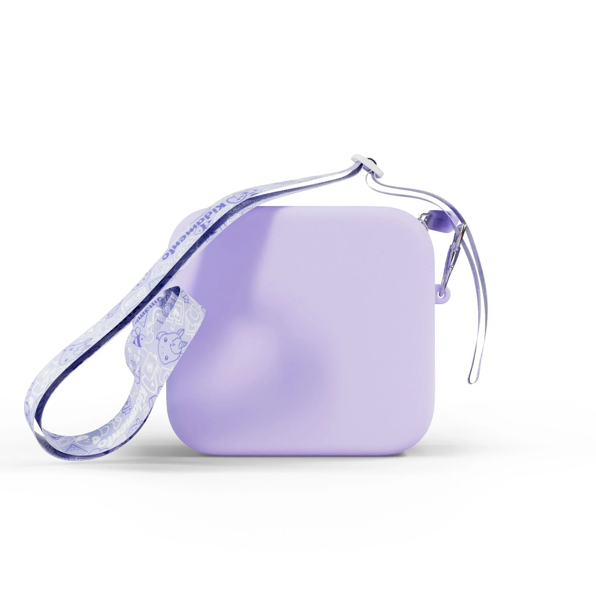 Purple silicone bag with a unicorn print strap.