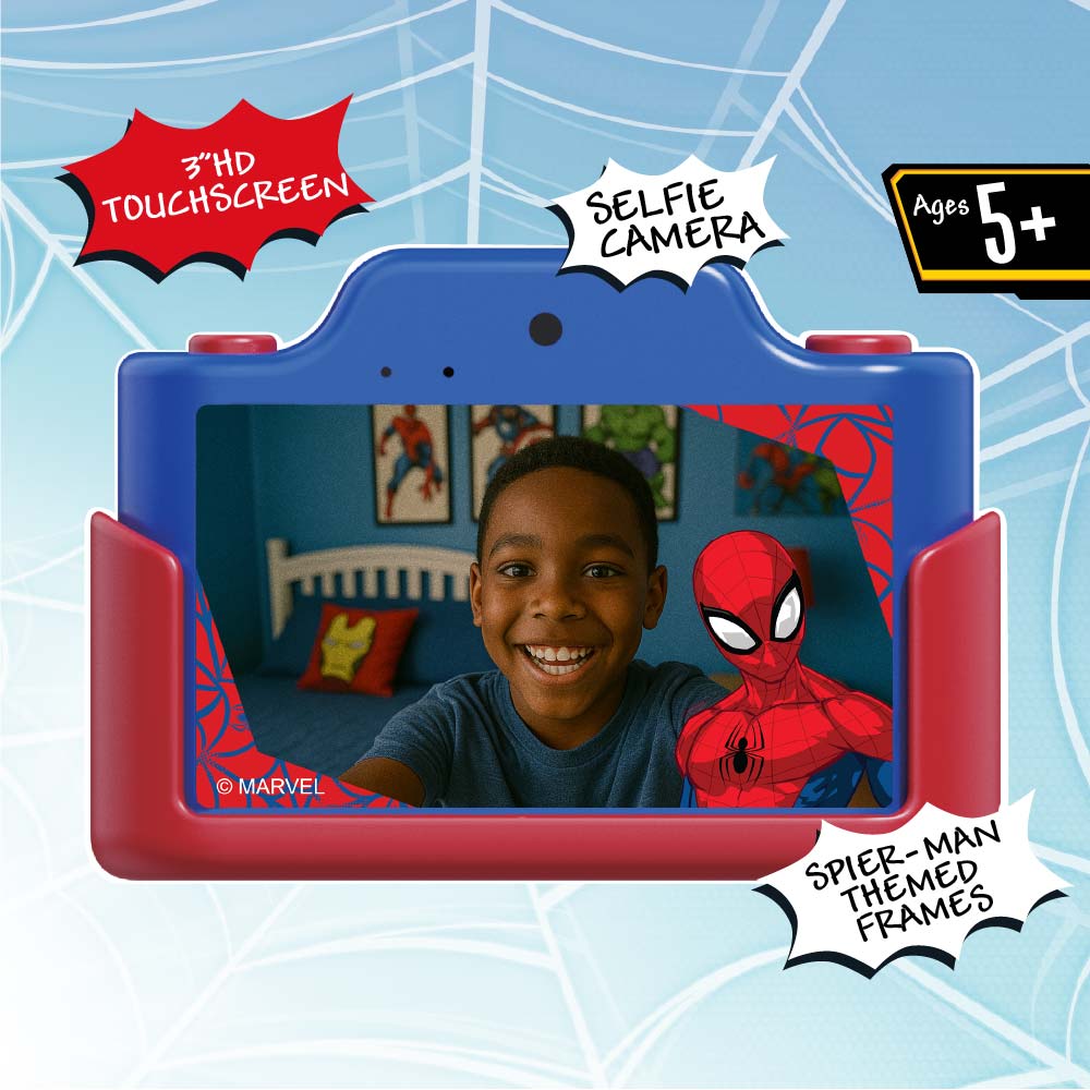 Spider-Man digital camera with 3-inch HD touchscreen and selfie camera.