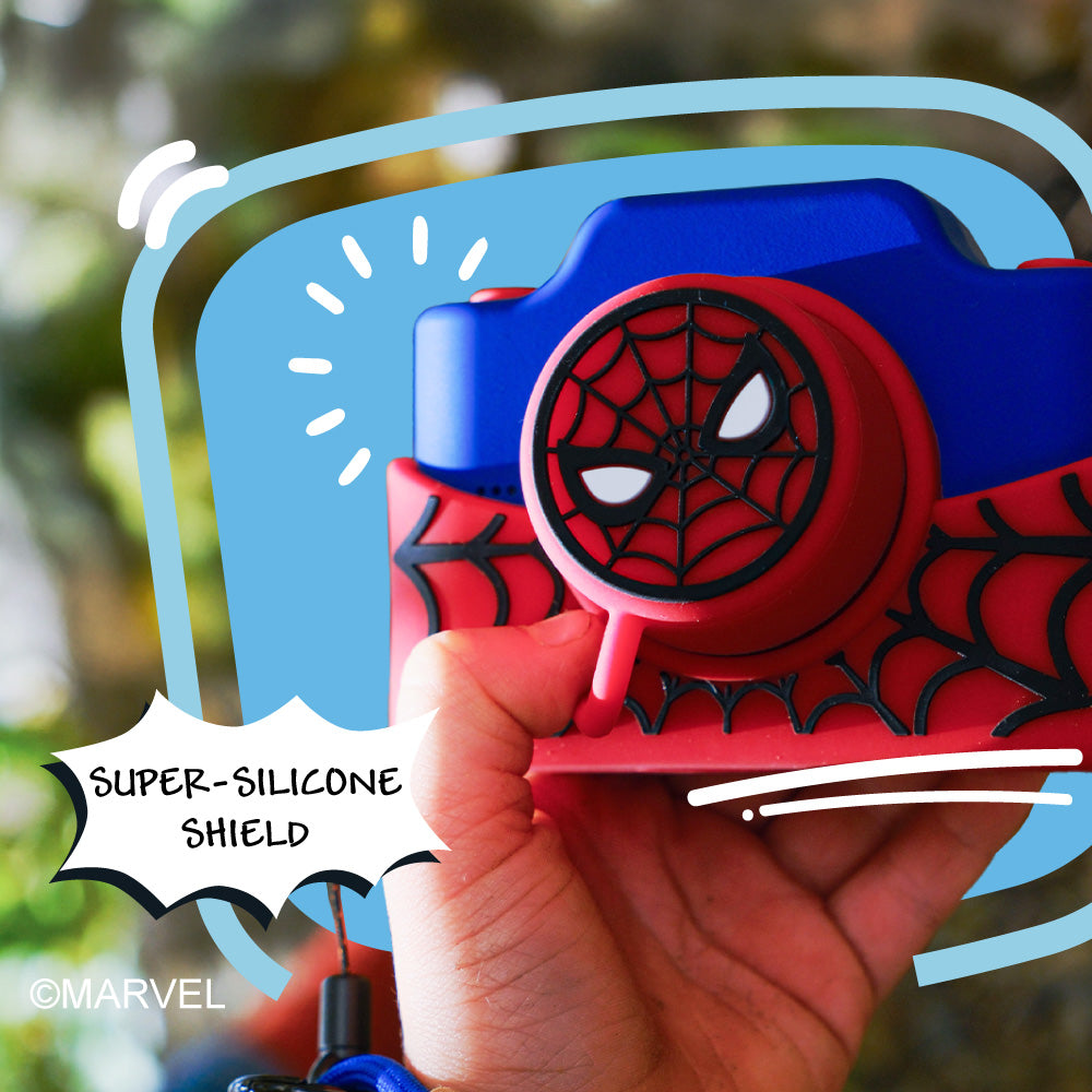 Spider-Man digital camera with a red and blue design and a silicone shield.