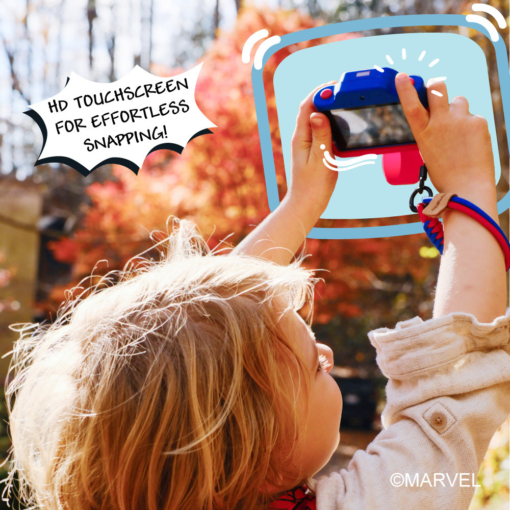Spider-Man digital camera with HD touchscreen held by a child.