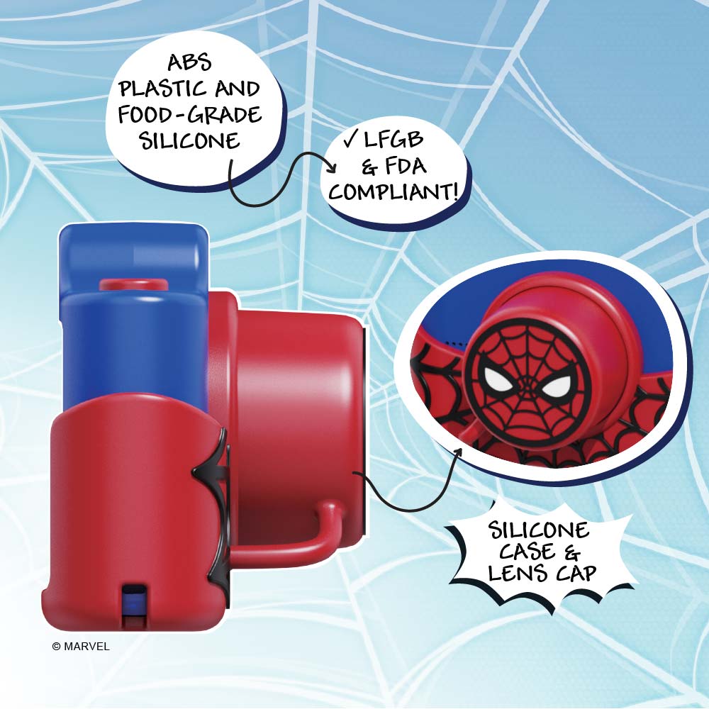 Spider-Man digital camera with red and blue body, silicone case, and lens cap.