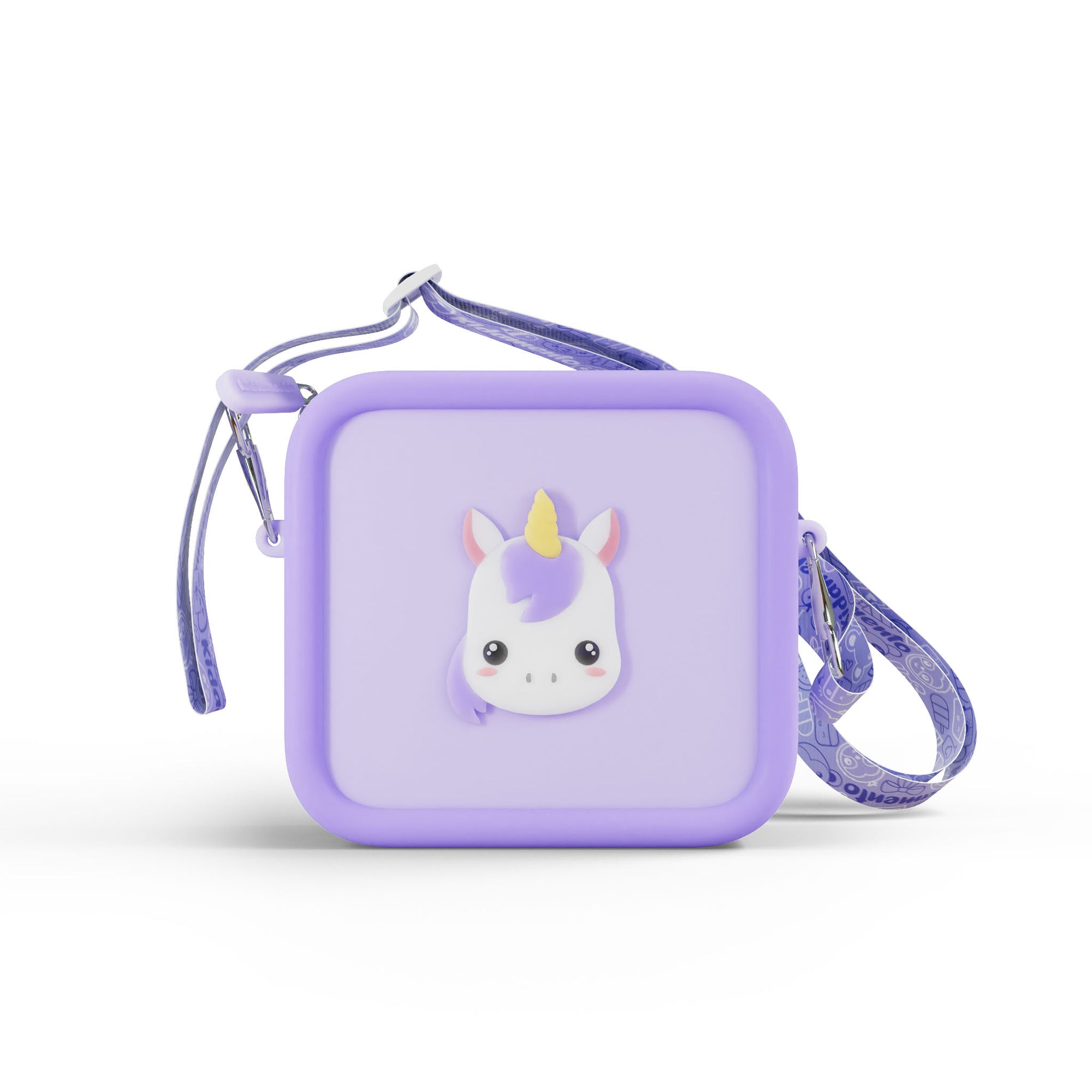 Purple silicone bag with a unicorn design and a purple strap.