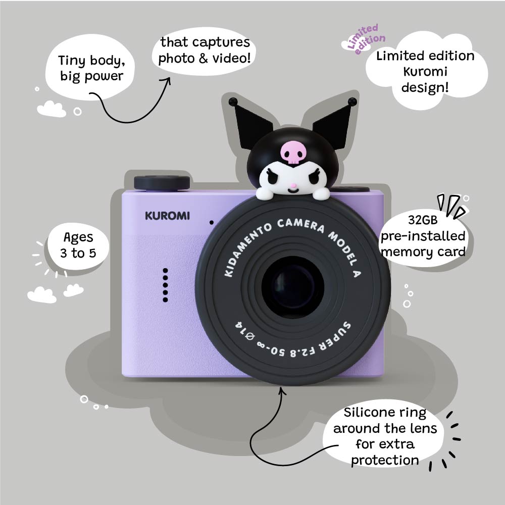 Kidamento Kuromi Model A camera for kids ages 3–5, ultra-lightweight with HD screen and selfie lens.