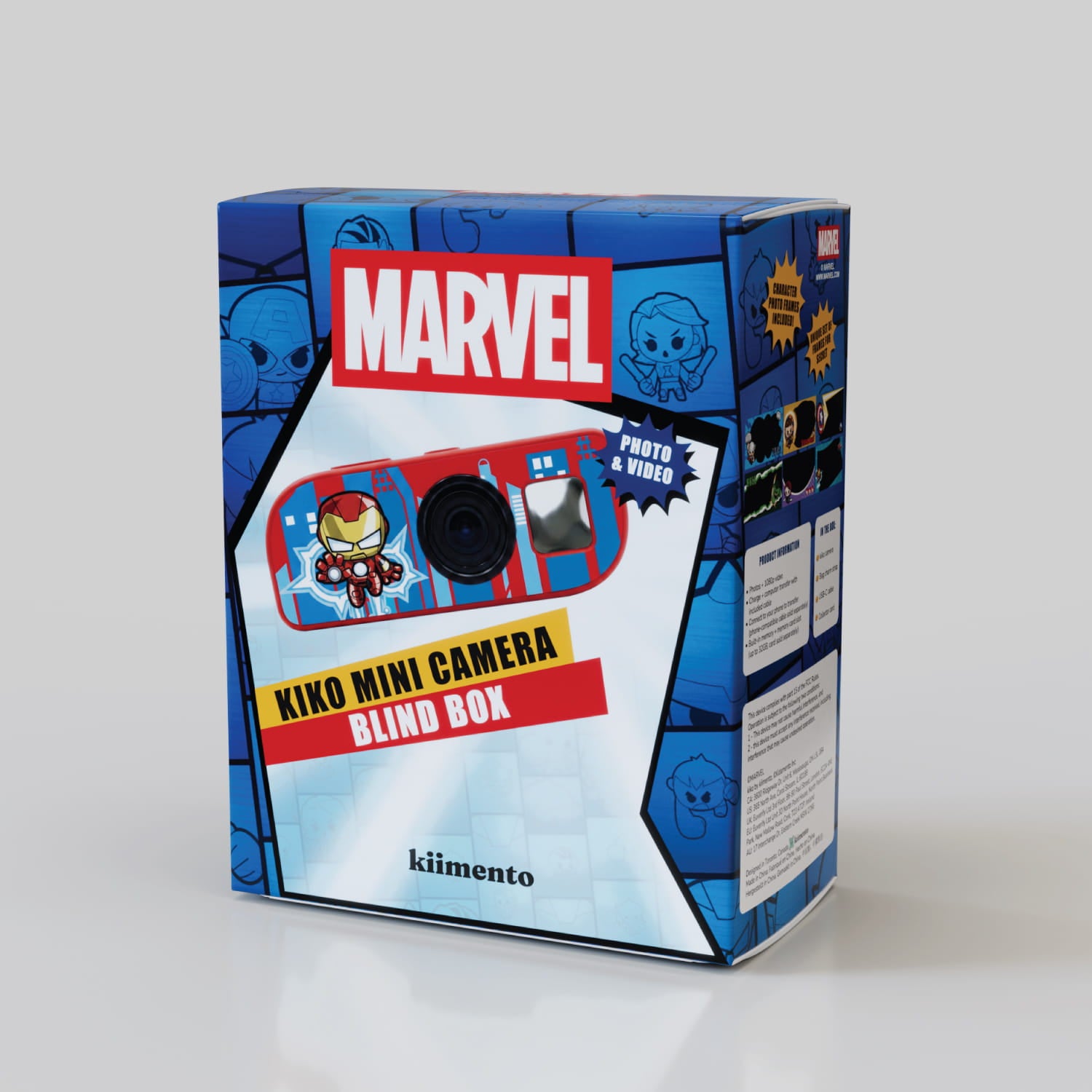 Kiko Mini Camera Marvel Blind Box packaging, front-angled view, showing the Iron Man design through the window, "Kiko Mini Camera," "Blind Box," and "Photo & Video" callouts, kiimento branding on a blue comic-panel illustrated box.