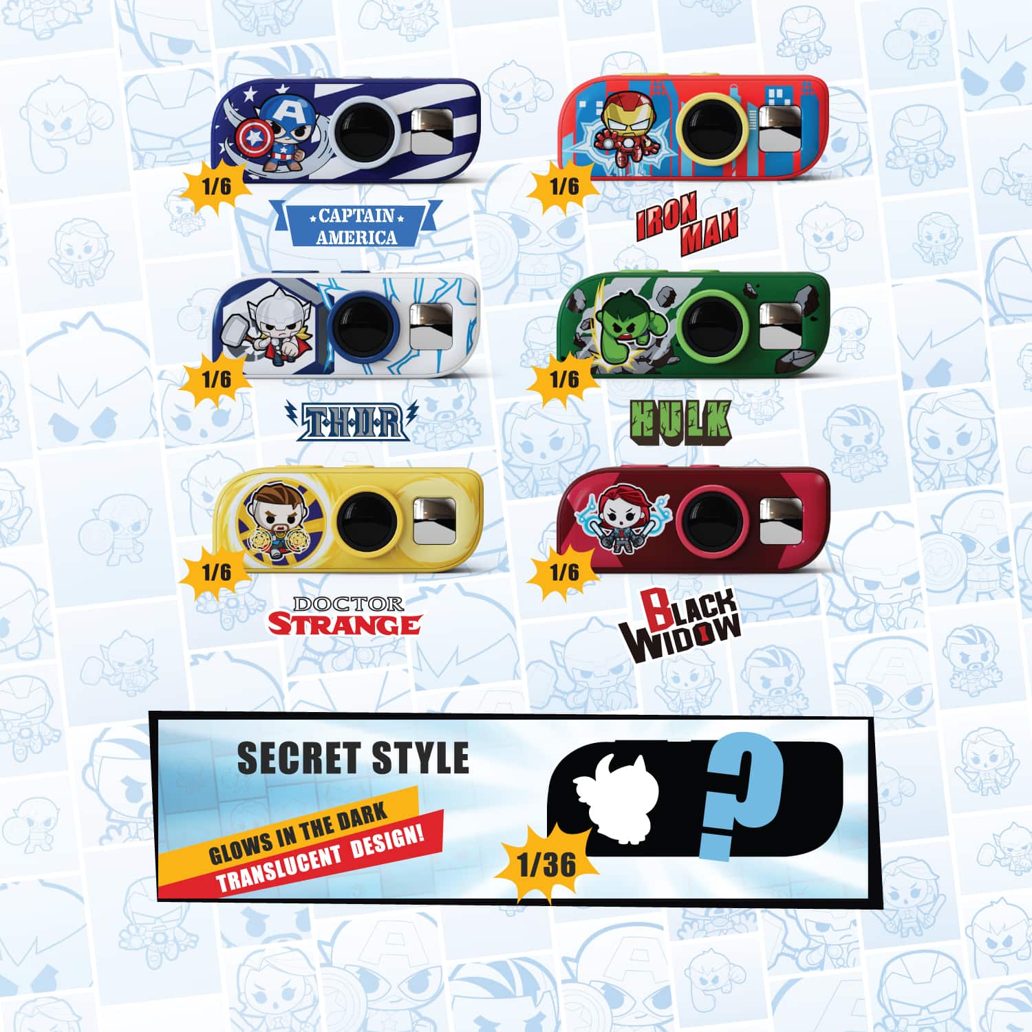 All six kiko Marvel digicam styles, each 1 in 6: Captain America, Iron Man, Thor, Hulk, Doctor Strange and Black Widow, with the 1-in-36 glow-in-the-dark secret style shown as a silhouette.