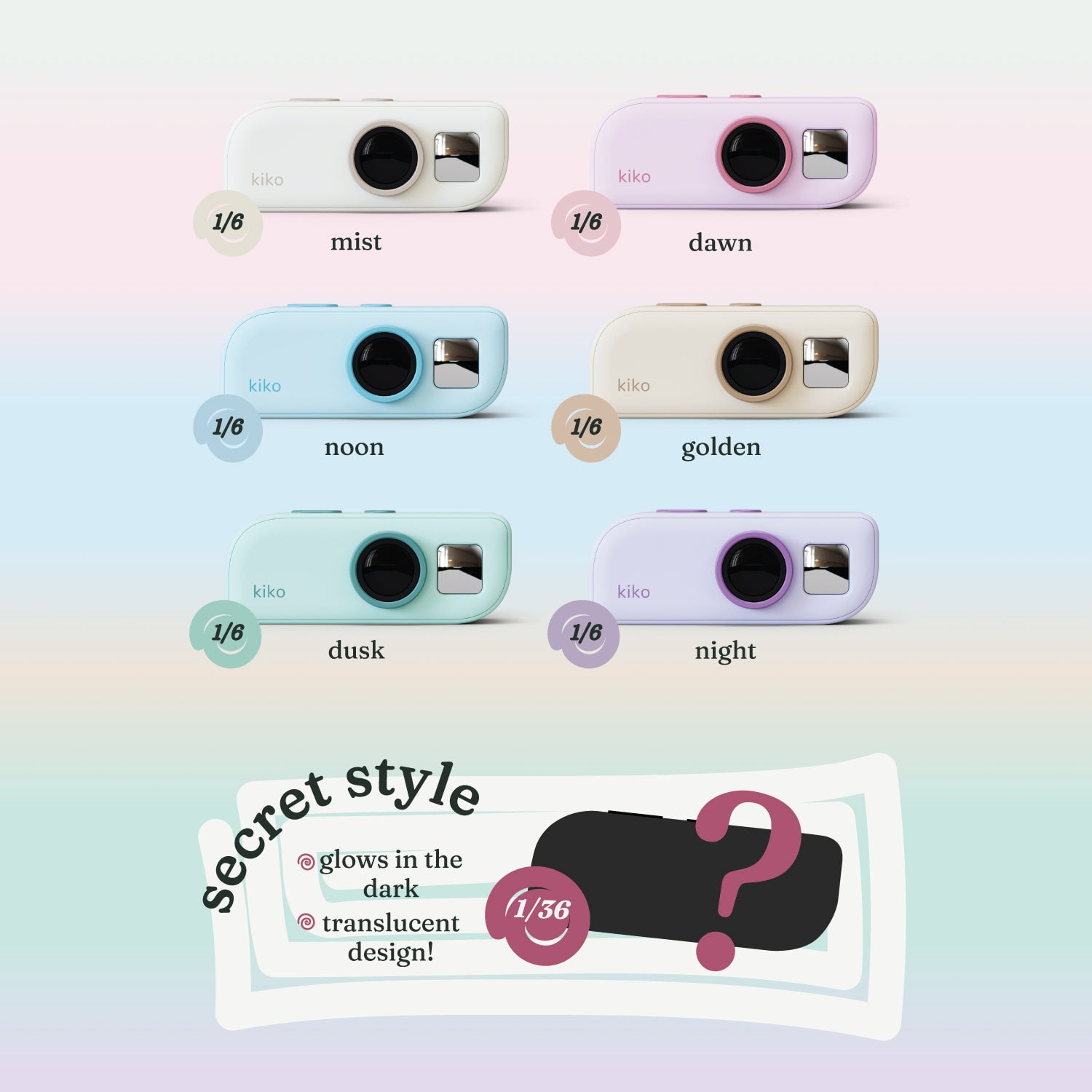 All six kiko Original digicam shades, each 1 in 6: mist off-white, dawn pale pink, noon cool blue, golden warm sand, dusk pale mint and night soft lavender, with the 1-in-36 glow-in-the-dark secret style shown as a silhouette.