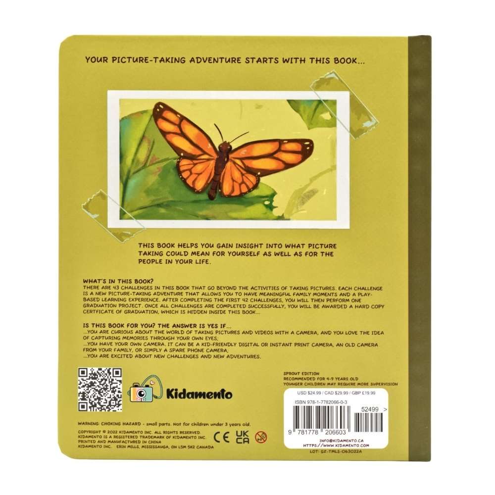 A yellow activity book with a monarch butterfly on the cover.