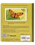 A yellow activity book with a monarch butterfly on the cover.