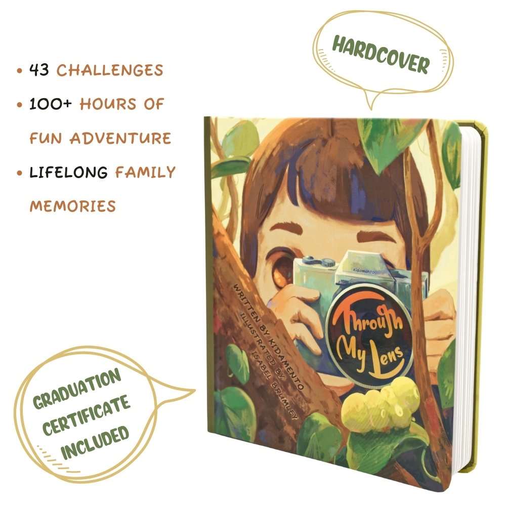 A hardcover activity book titled "Through My Lens" features a child holding a camera.