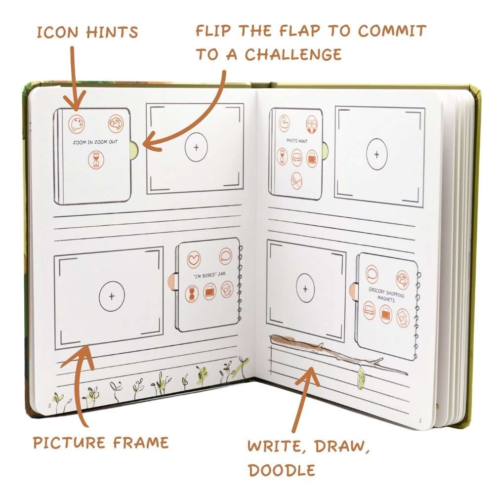 An open activity book with prompts for challenges, picture frames, and space to write or draw.